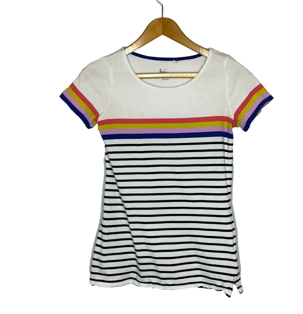Women's US 2 Boden White Multicolor Stripe Cotton Short Sleeve Tee